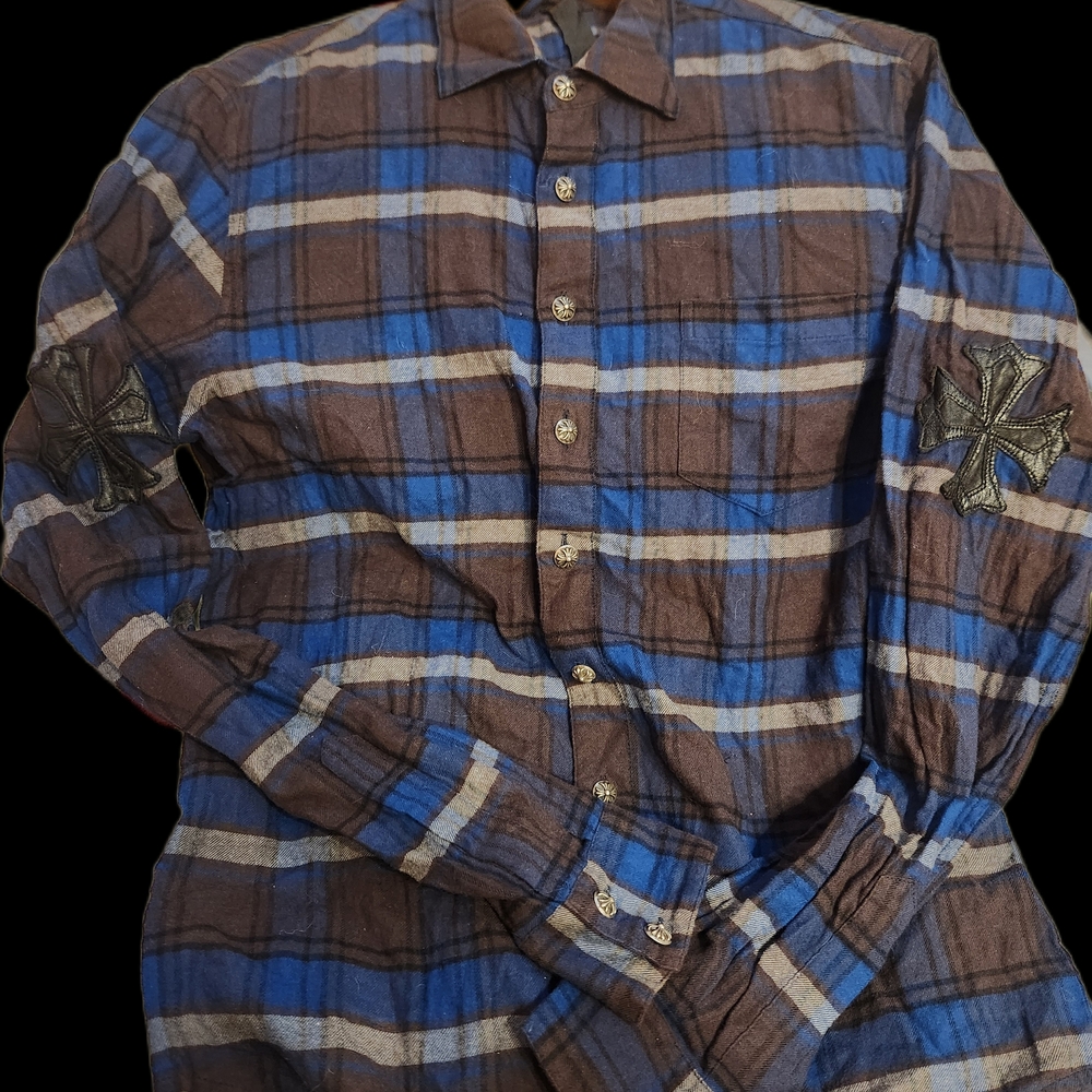 Vintage Chrome Hearts Blue and Brown Checkered Long Sleeve Shirt